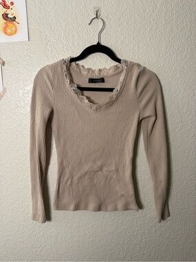 Ribbed Lace-Trim Long-Sleeve Top in Light Beige